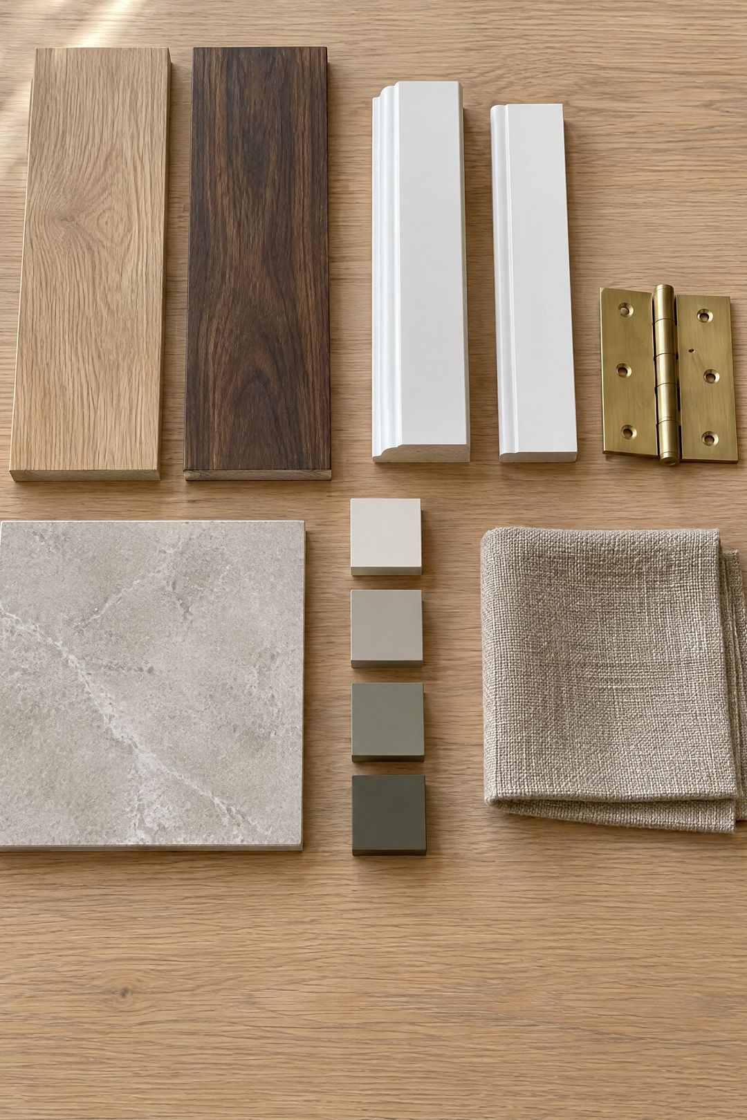 Oak and walnut plank samples, a baseboard, a length of interior door casing with a brass hinge, a tile, painted color blocks and a linen swatch on a table.