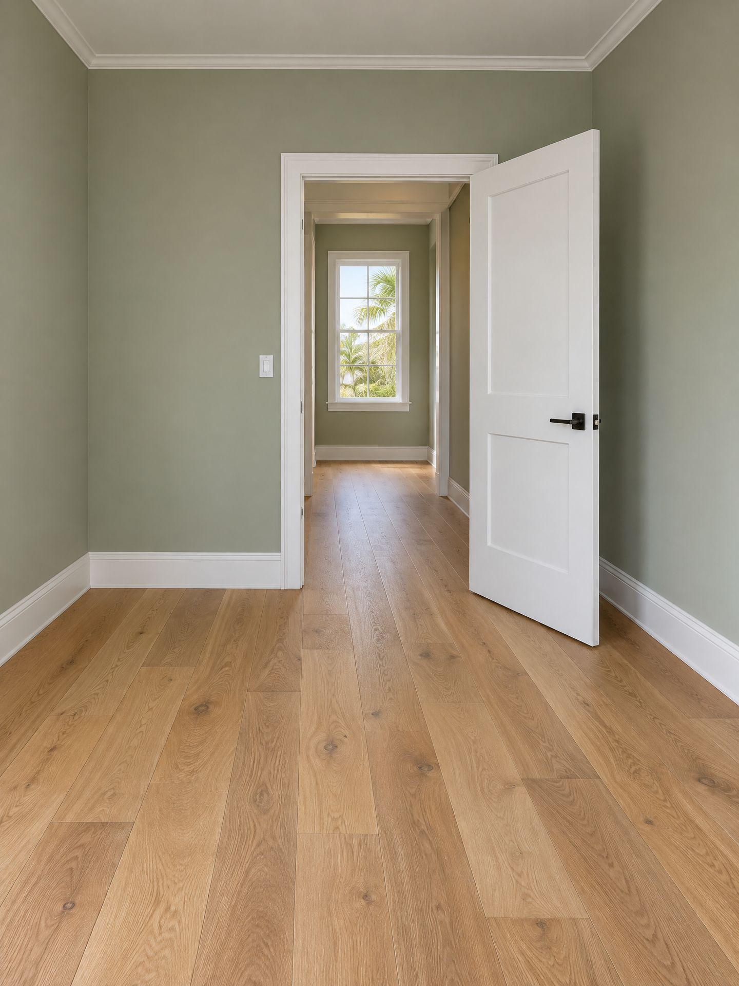 Empty guest bedroom with sage green walls, white baseboards and an open white interior door, the oak floor running through the doorway.