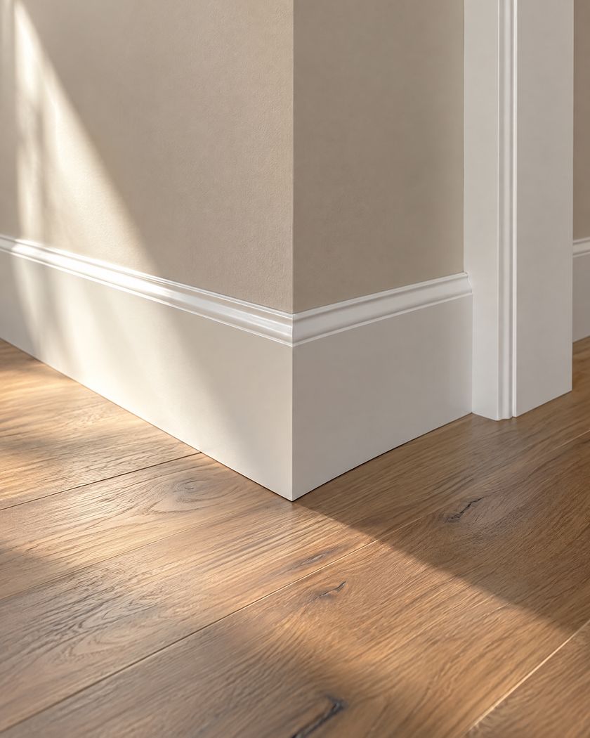 Close view of a tall white baseboard with a tight mitered corner on a medium brown wide-plank wood floor.