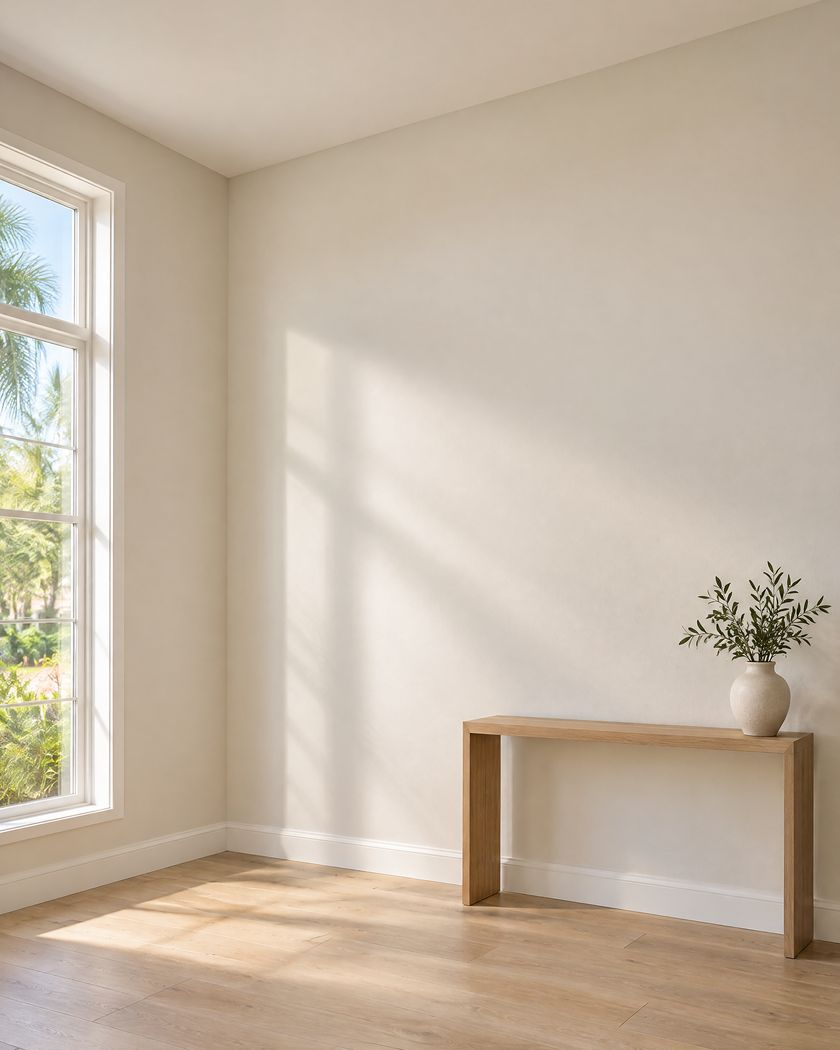 Tall room with smooth, freshly finished walls and a flat ceiling, low sun raking across the wall.