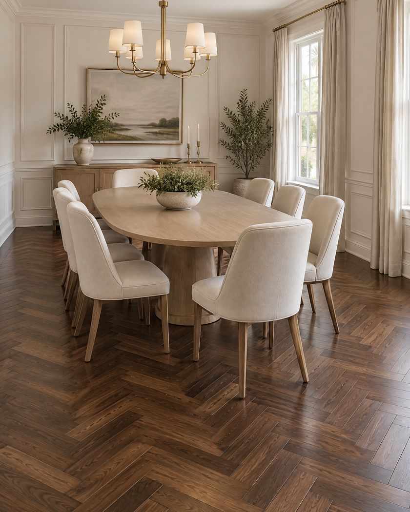 Formal dining room with dark walnut hardwood floors in a herringbone pattern and a brass chandelier.