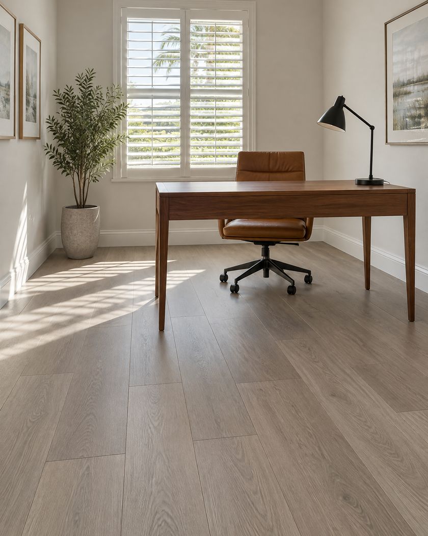 Home office with greige ash-look laminate floors, a walnut desk and white plantation shutters.