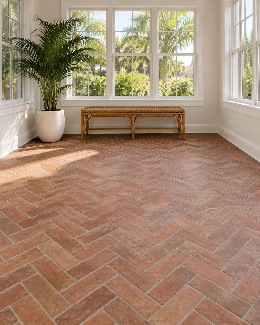 Enclosed sunroom with brick-look tiles in a herringbone pattern and white-framed windows looking out to palms.