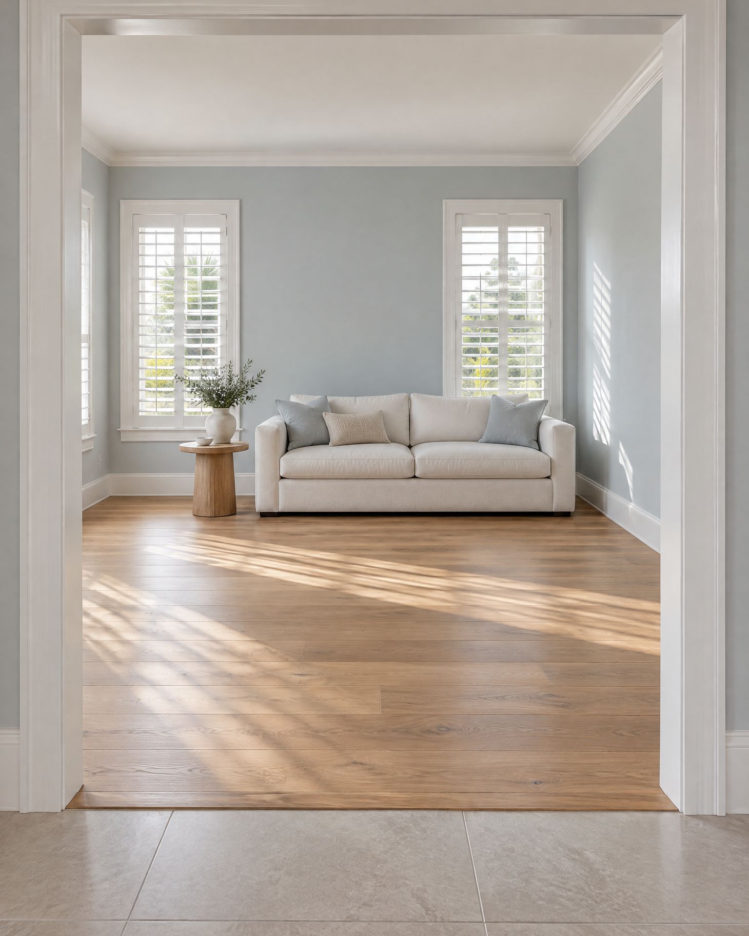 Living room with soft blue-gray walls and white plantation shutters, seen from a cased opening where a light tile floor meets a warm oak plank floor.