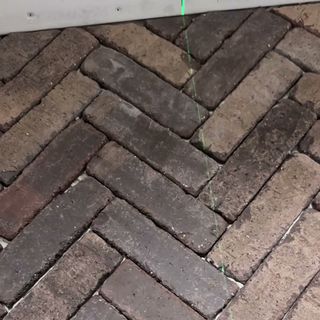 Herringbone bricks set in rows, with grout lines still open.